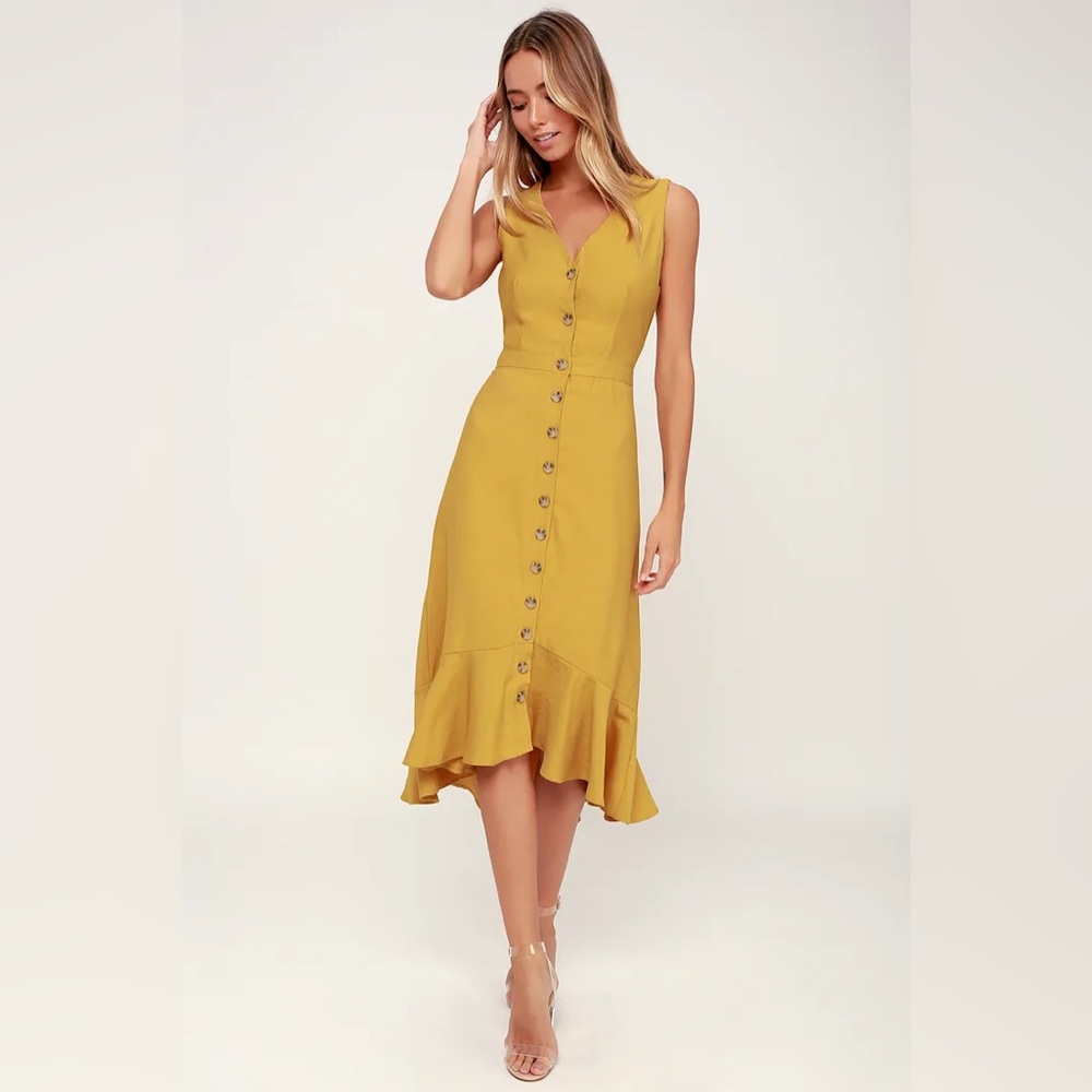 Lulus “When We First Met” Mustard Yellow Button Front Midi Dress 💛 Size XS - Picture 2 of 7
